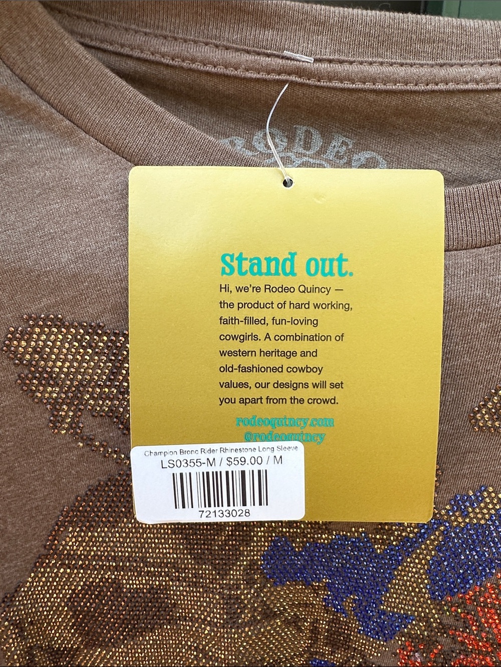 Rodeo Quincy women’s Long-Sleeve Brown Graphic Tee w rhinestone cowboy on horse - Picture 4 of 4